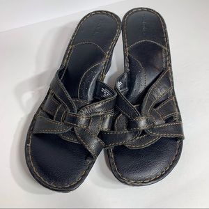 EUC Thom McAn Black Leather Wedge Heel Sandals‎